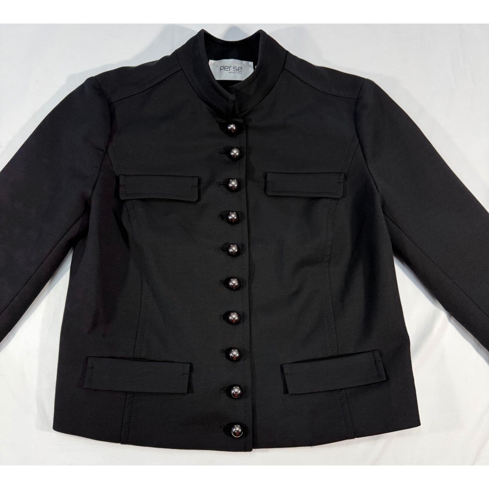 Per Se by Carlisle Black Military Mandarin Collar Button Front Jacket Size 6